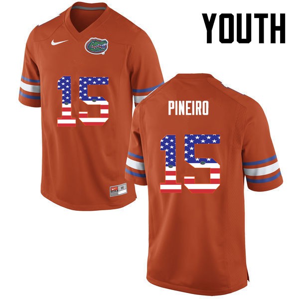 Florida Gators Youth #15 Eddy Pineiro College Football USA Flag Fashion Orange